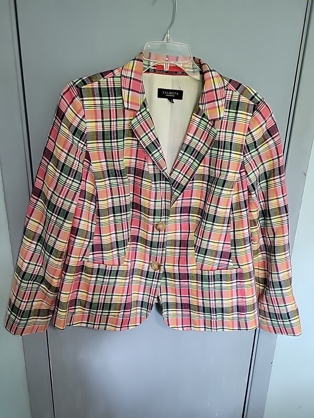 Talbots Sz 14p Pink Plaid Cotton Blend Blazer
